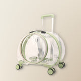 Clear pet carrier on wheels, clear green