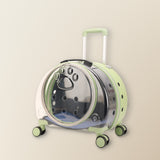 Clear pet carrier on wheels, green