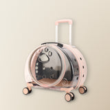 Clear pet carrier on wheels, light pink