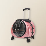 Clear pet carrier on wheels, dark pink