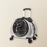 Clear pet carrier on wheels, silver