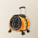 Clear pet carrier on wheels, orange