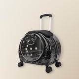 Clear pet carrier on wheels, black with a pattern